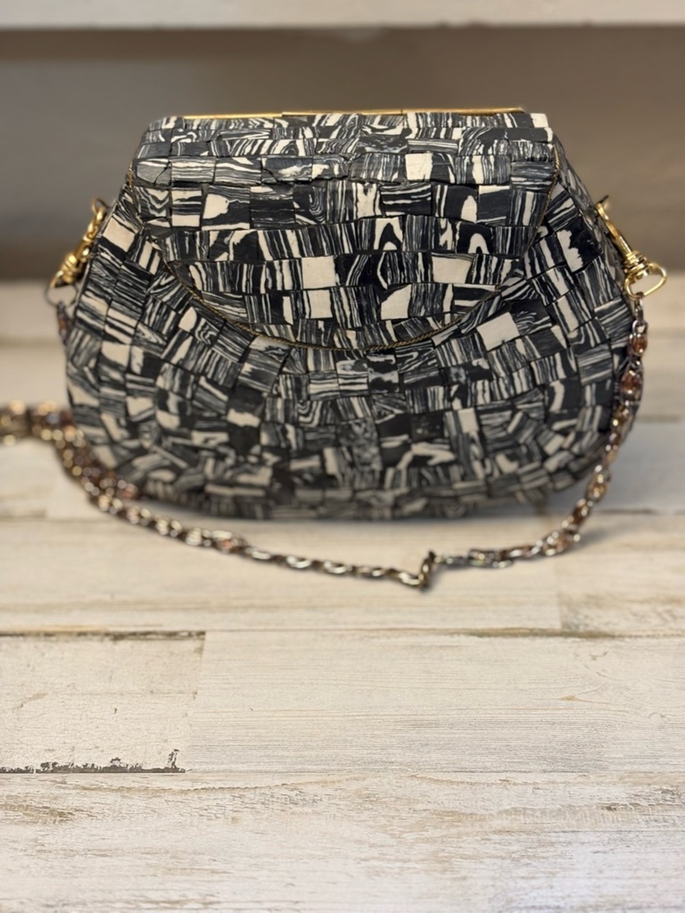RAMLA Handmade Moroccan Mosaic Stone Tile Crossbody Purse Black And White